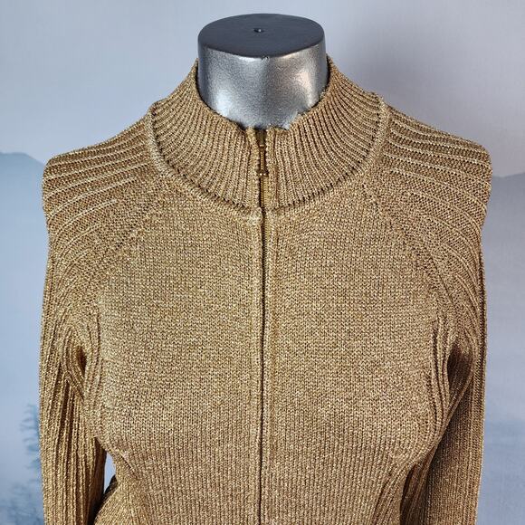 Luisa Spagnoli Gold Metallic Knit Full Zip Jacket | Women's Small - Picture 2 of 14